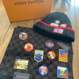 Louis Vuitton Men’s Alpes Damier Patch Beanie and Scarf